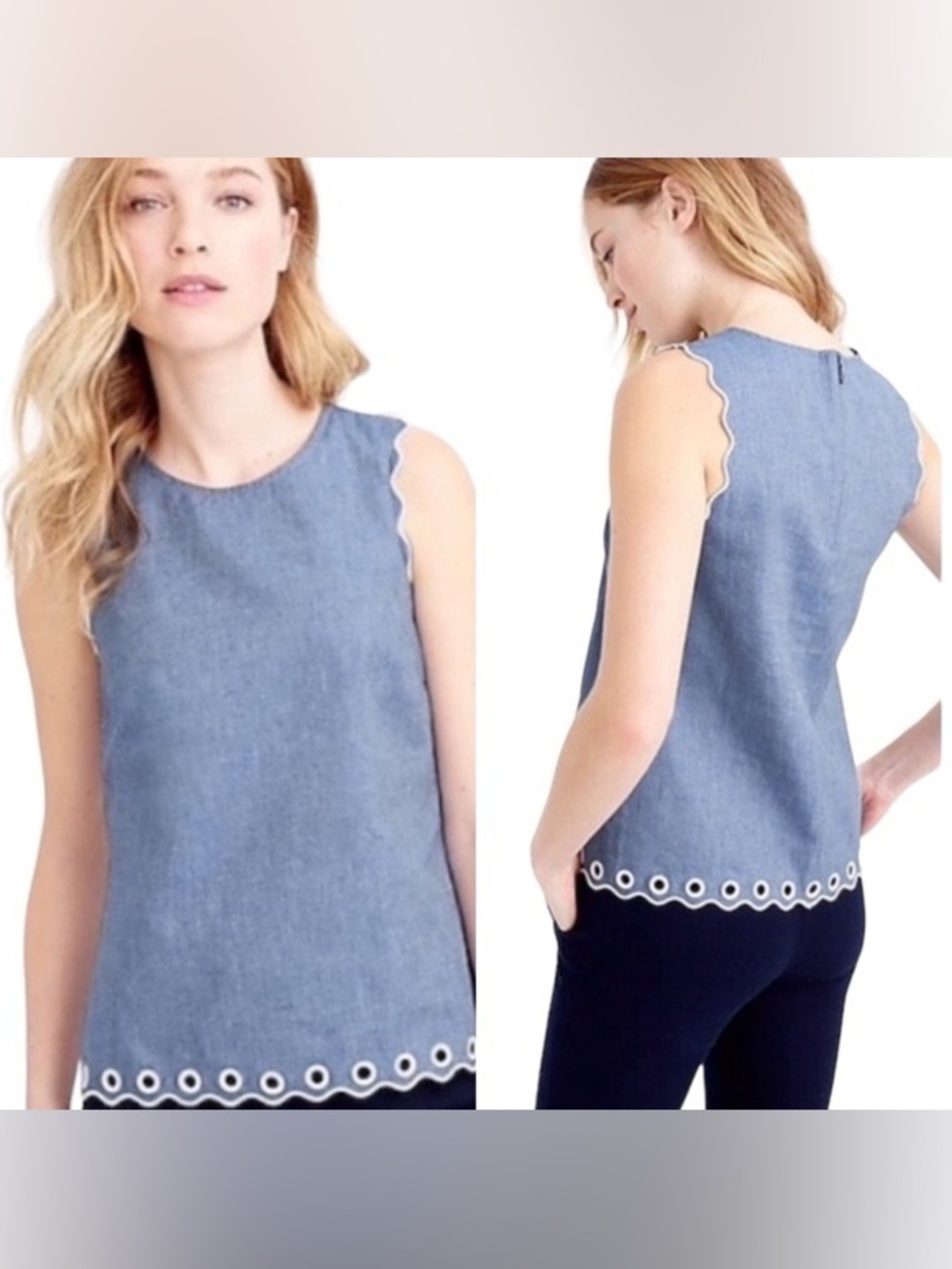 J. Crew Blue Chambray Scalloped Top with Grommets Size 8